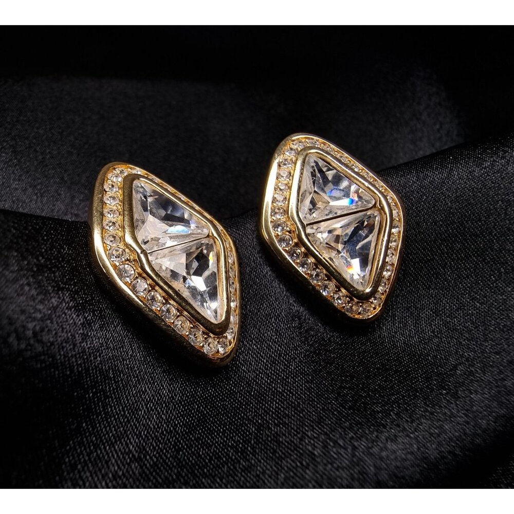 Vintage Swarovski 1980s - 1990s Clip-On Earrings With Clear Crystals & Gold-Tone - Picture 5 of 8
